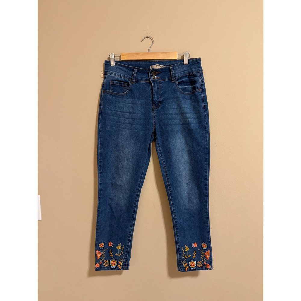 Sandpiper Petite Embroidered Crop Jeans Medium Wash Floral Denim Size 10P